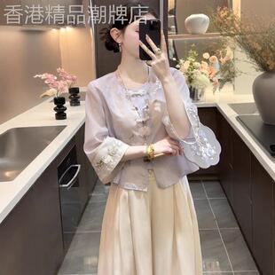 新中式国风套装女夏天穿搭一整套紫色盘扣刺绣上衣阔腿裤改良汉服