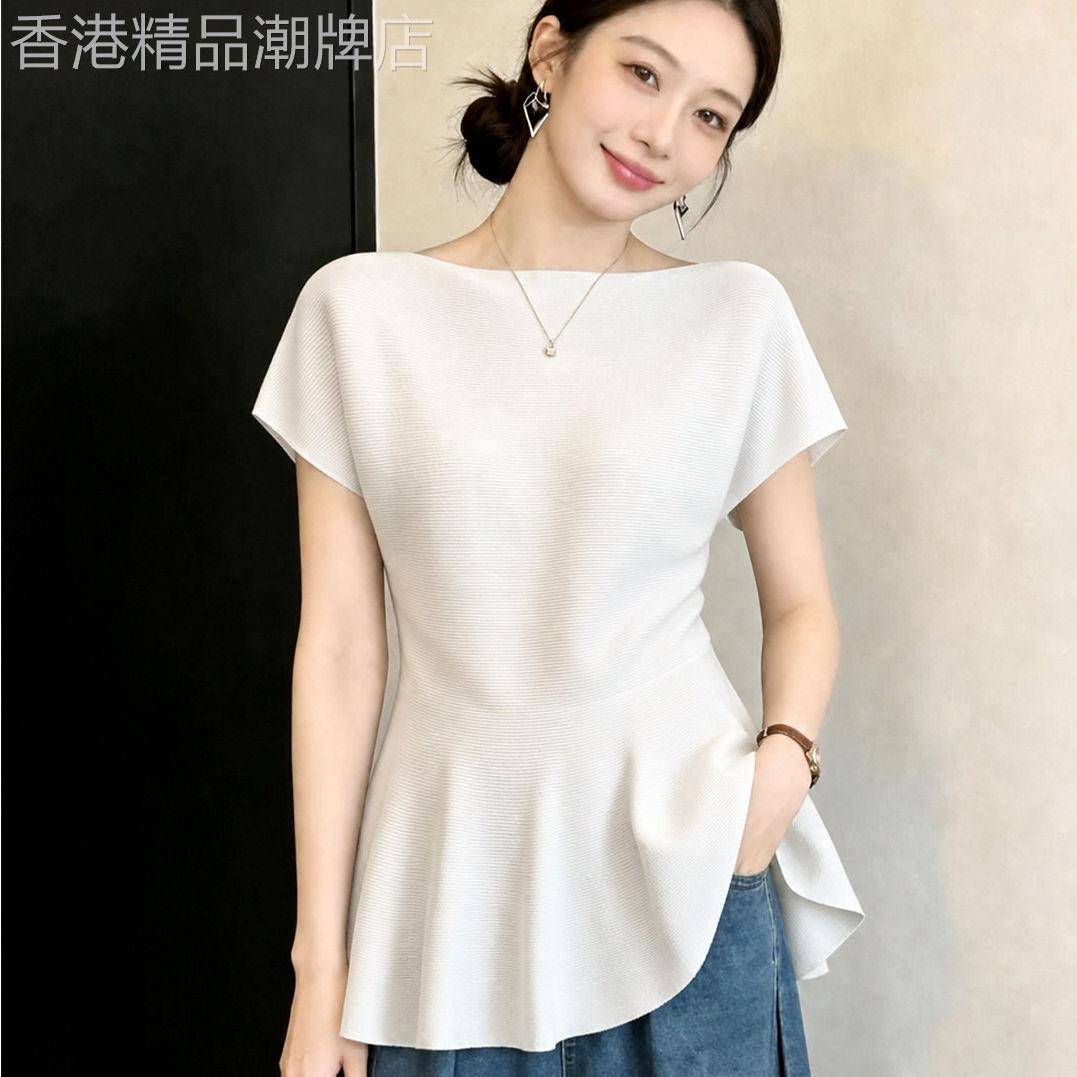 白色针织短袖T恤女夏季2026新款荷叶边收腰显瘦减龄洋气大码上衣