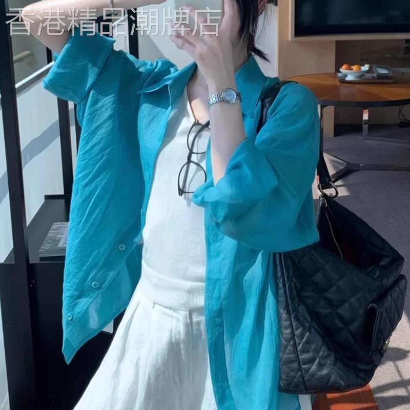 湖蓝色亚麻衬衫外套女士春秋2026欧货新款高级感轻奢减龄洋派上衣