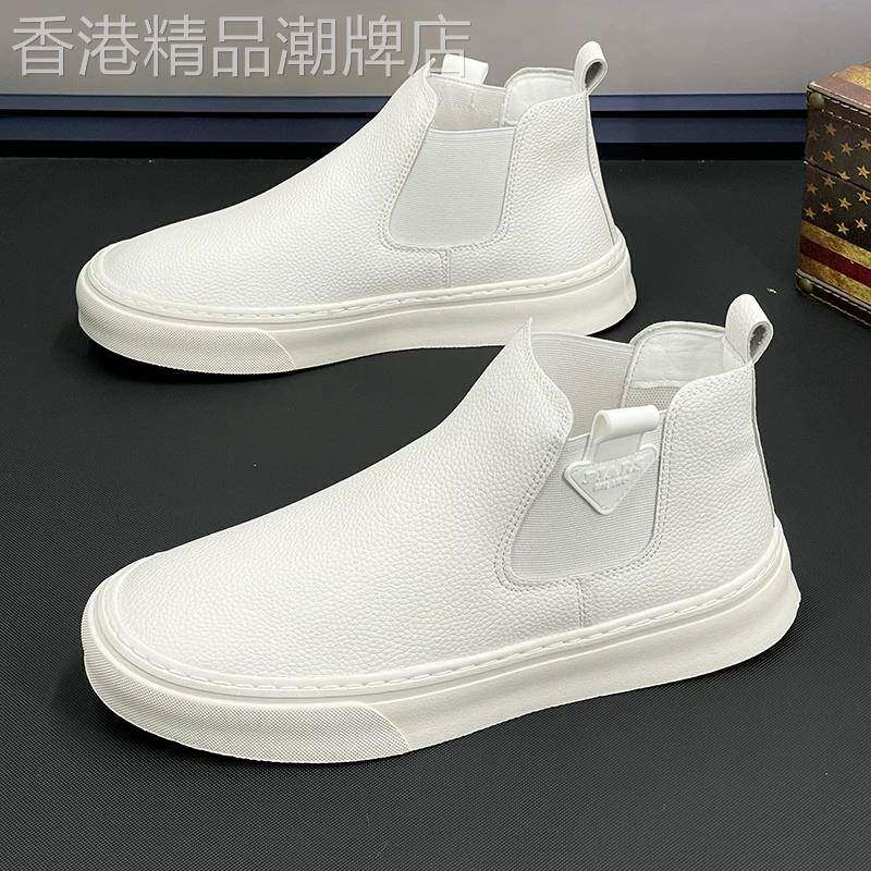 白色高帮鞋男真皮新款切尔西靴子小白鞋男短靴板鞋增高休闲马丁靴