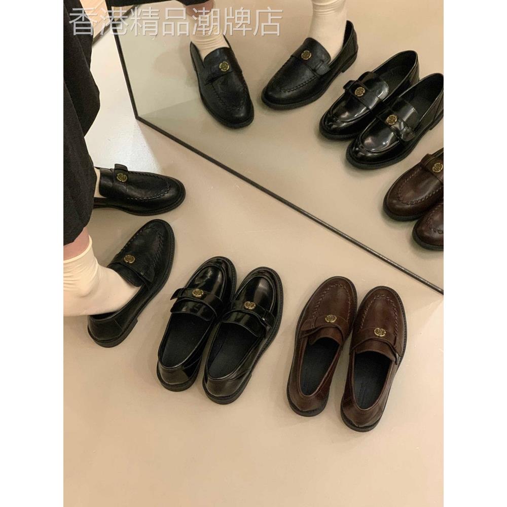 潮牌粗跟英伦风小皮鞋女鞋子2025新款冬季百搭法式一脚蹬乐福单鞋