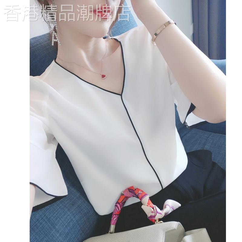 夏季高端雪纺衫女白色V领短袖夏2026年新款衬衫T恤遮肚子别致上衣
