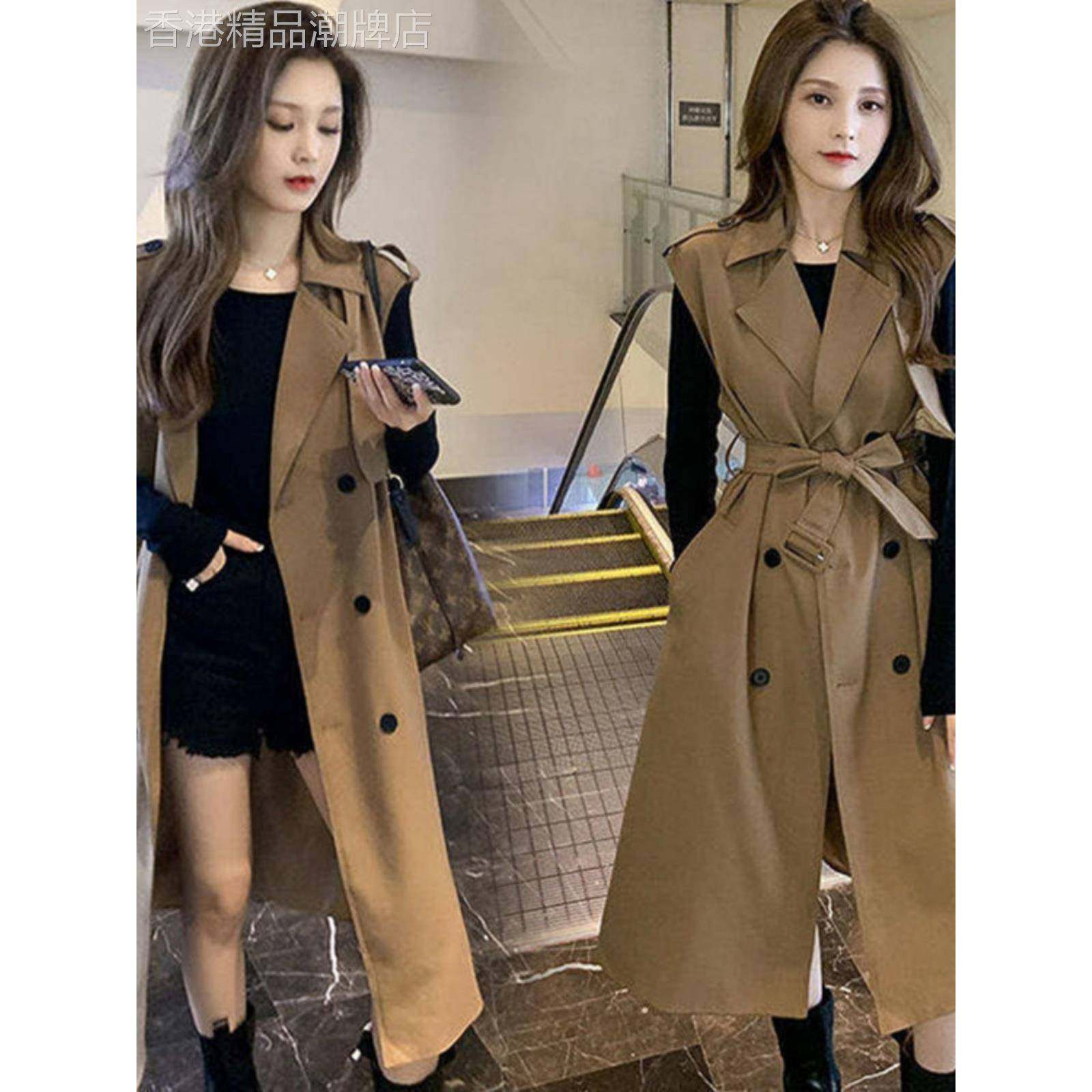 专柜秋新款风衣女长款过膝外套宽松收腰风衣马甲西装打底两件套潮