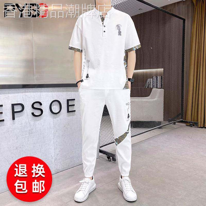 中国风亚麻感男士套装夏季2025新款运动休闲短袖长裤帅气搭配一套