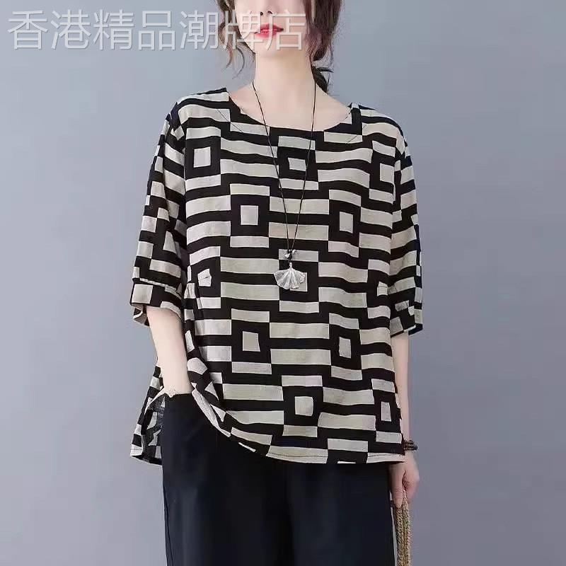 棉麻短袖t恤女夏季薄款2025年新款宽松大码胖mm显瘦休闲半袖上衣
