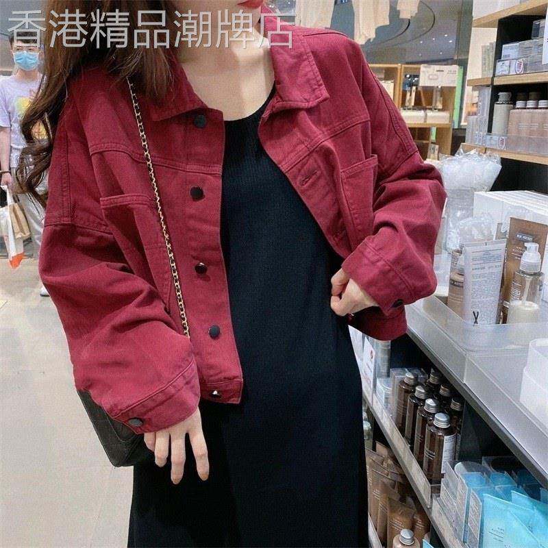 酒红色牛仔外套女春秋季欧货短款夹克小个子卡腰上衣bf风工装开衫