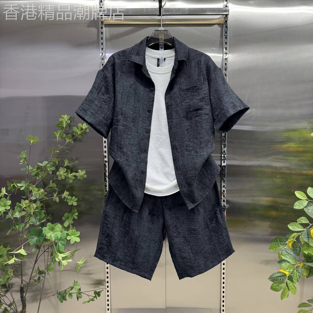 高端棉麻休闲套装男士夏季潮牌扎染半袖衬衫短裤运动亚麻男装一套