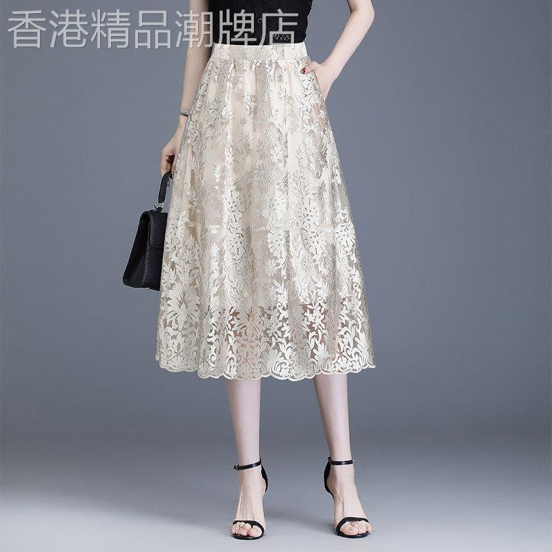 绣花半身裙女士夏季薄款2026新款蕾丝a字网纱花苞纱裙灯笼裙长裙