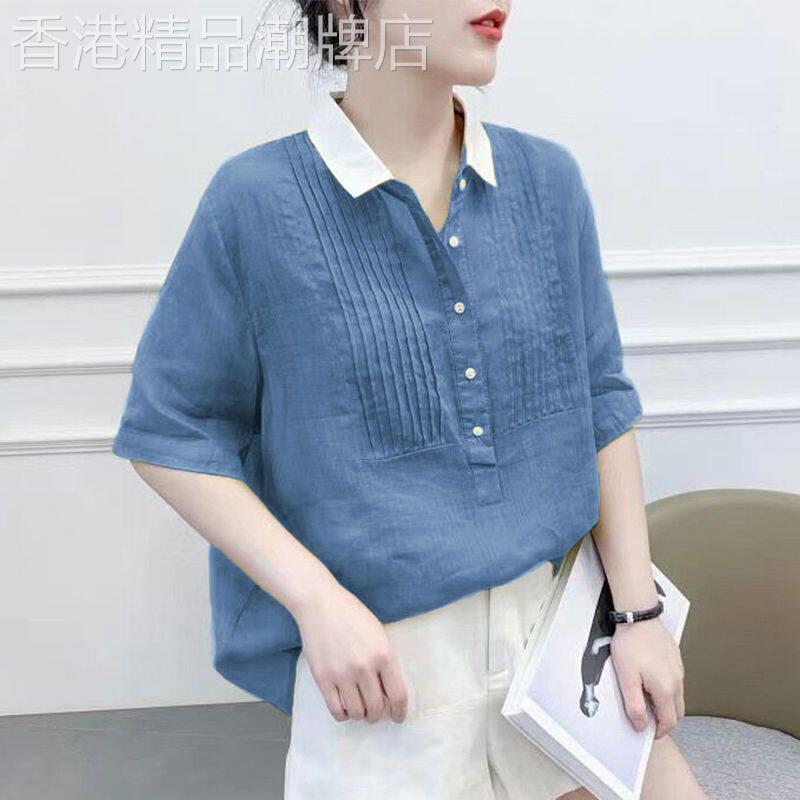 冰丝棉麻衬衫女夏季新薄款休闲短袖娃娃领宽松显瘦减龄遮肚子上衣