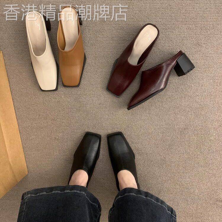 香港粗跟韩版包头半拖鞋女鞋子外穿2026年春季时尚一脚蹬穆勒单鞋