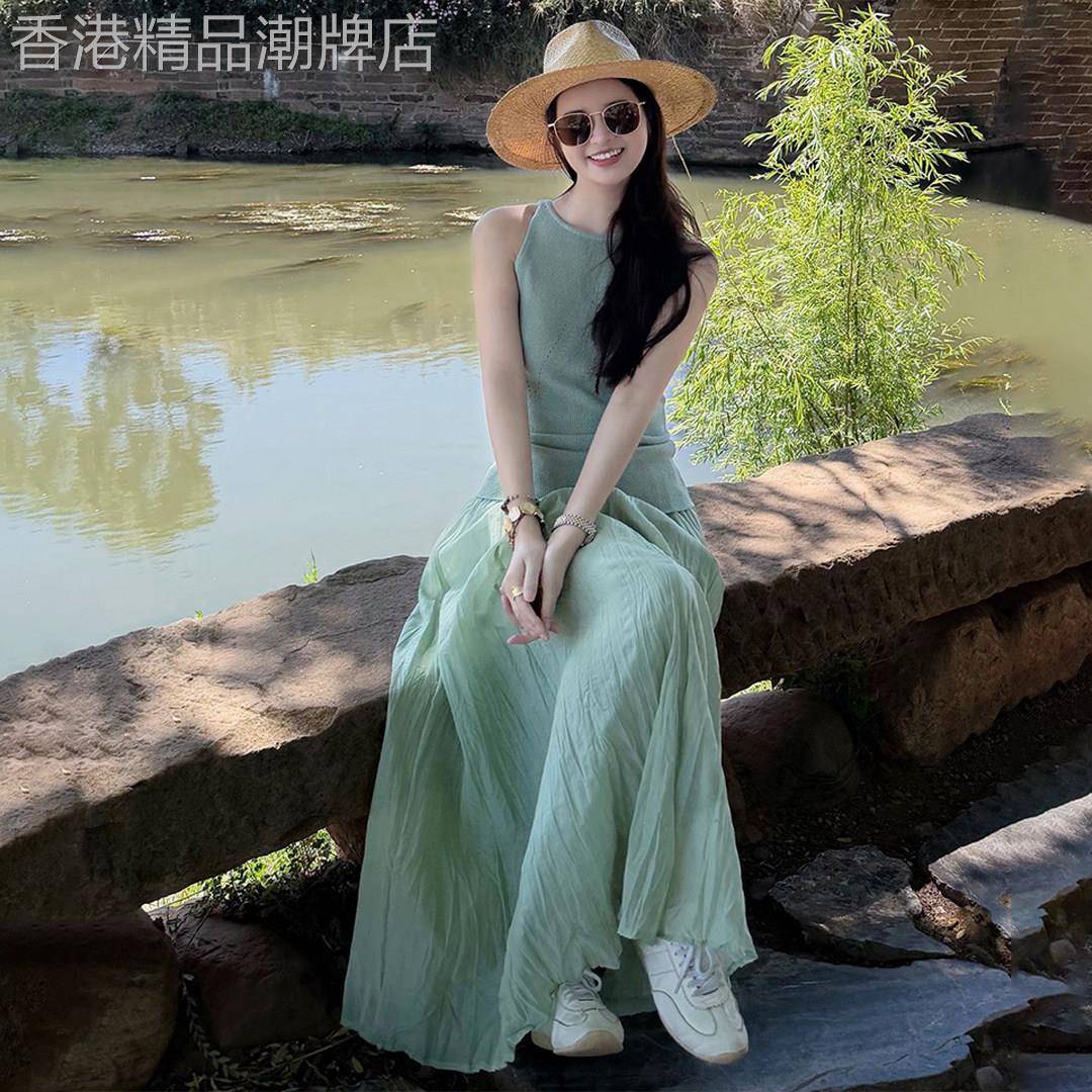 气质绿色上衣半身裙子两件套女2026夏季小个子漂亮无袖穿搭一整套