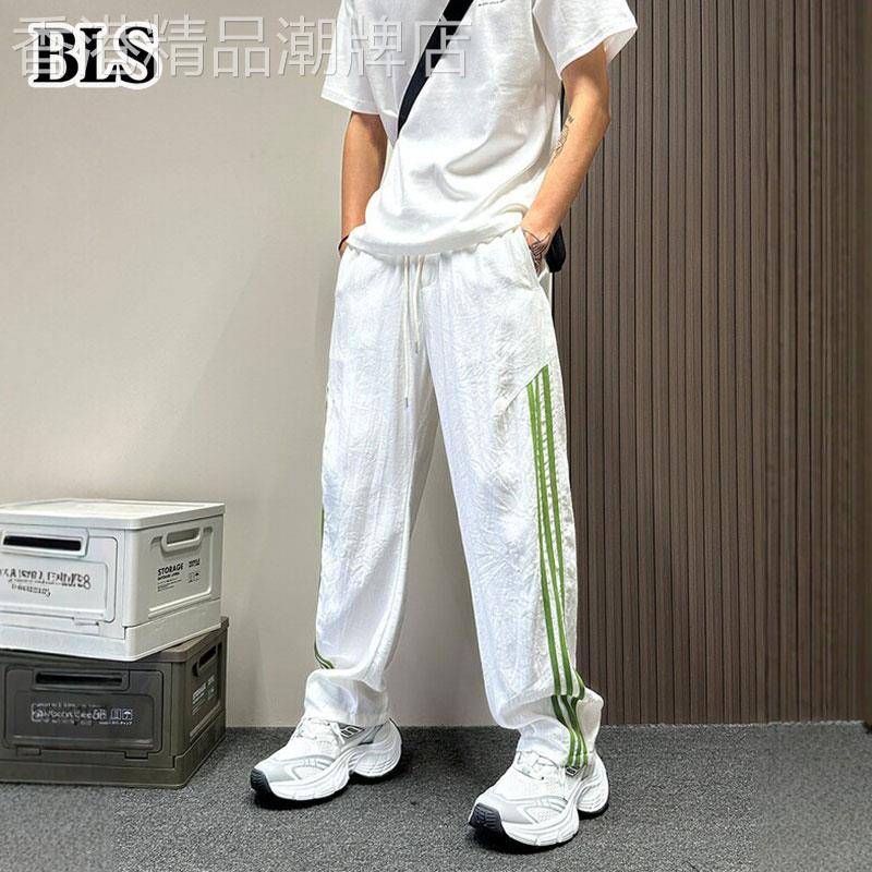 高端白色棉麻运动裤男款夏季薄款2026新款条纹垂感宽松直筒休闲裤