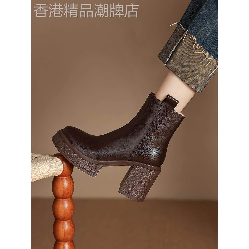 RVFA不累脚冬季加绒短靴女百搭显瘦春秋单靴时装靴真皮高跟马丁靴