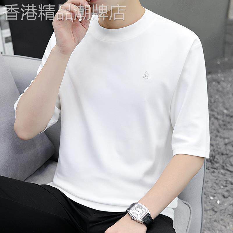 高端七分袖男士短袖t恤2025夏季新款中袖白色圆领宽松百搭半袖潮