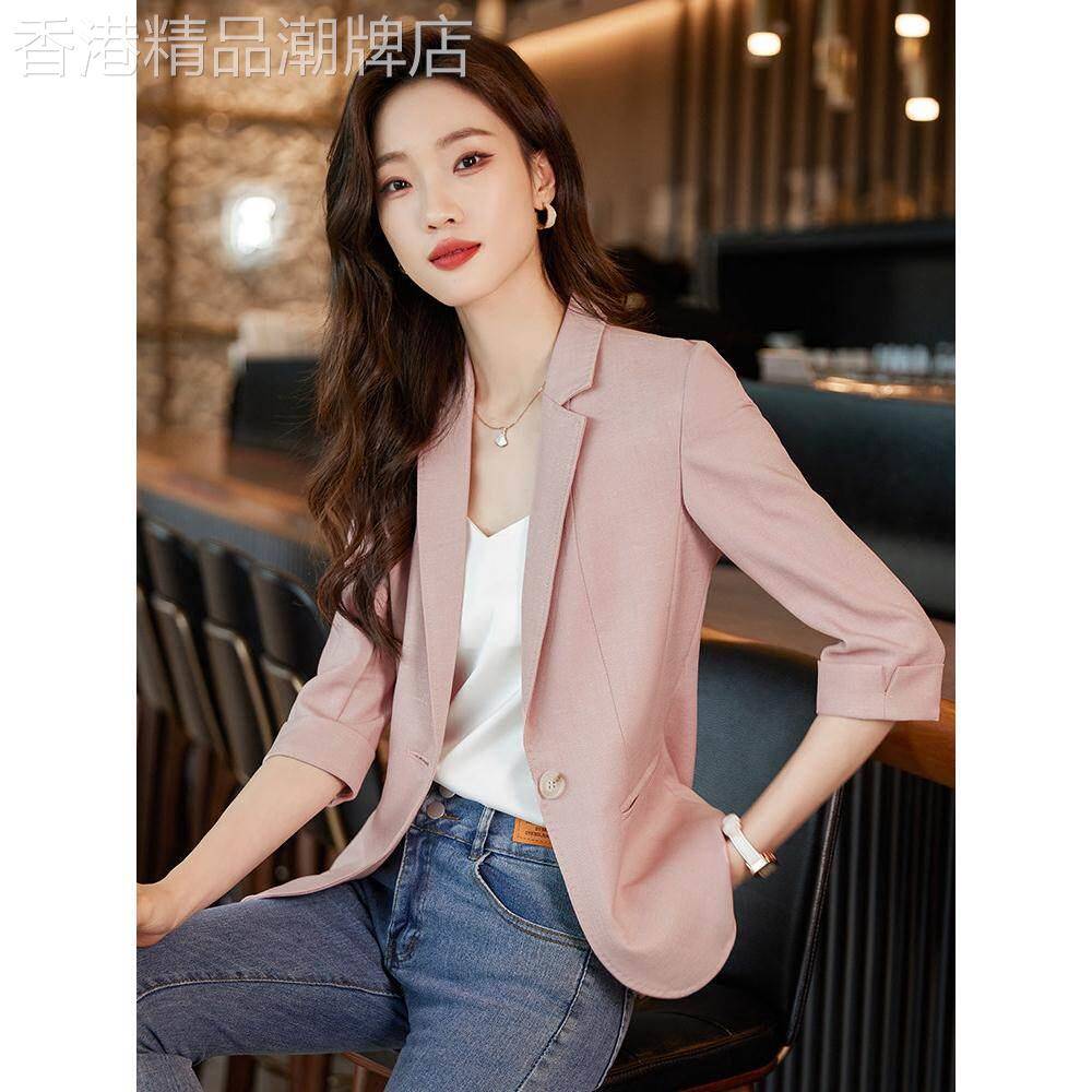 粉色小西装外套女夏季新款高级感小个子休闲薄款七分袖西服上衣夏