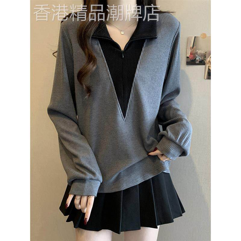 假两件polo领长袖t恤女春秋季2025新款设计感大码打底衫内搭上衣