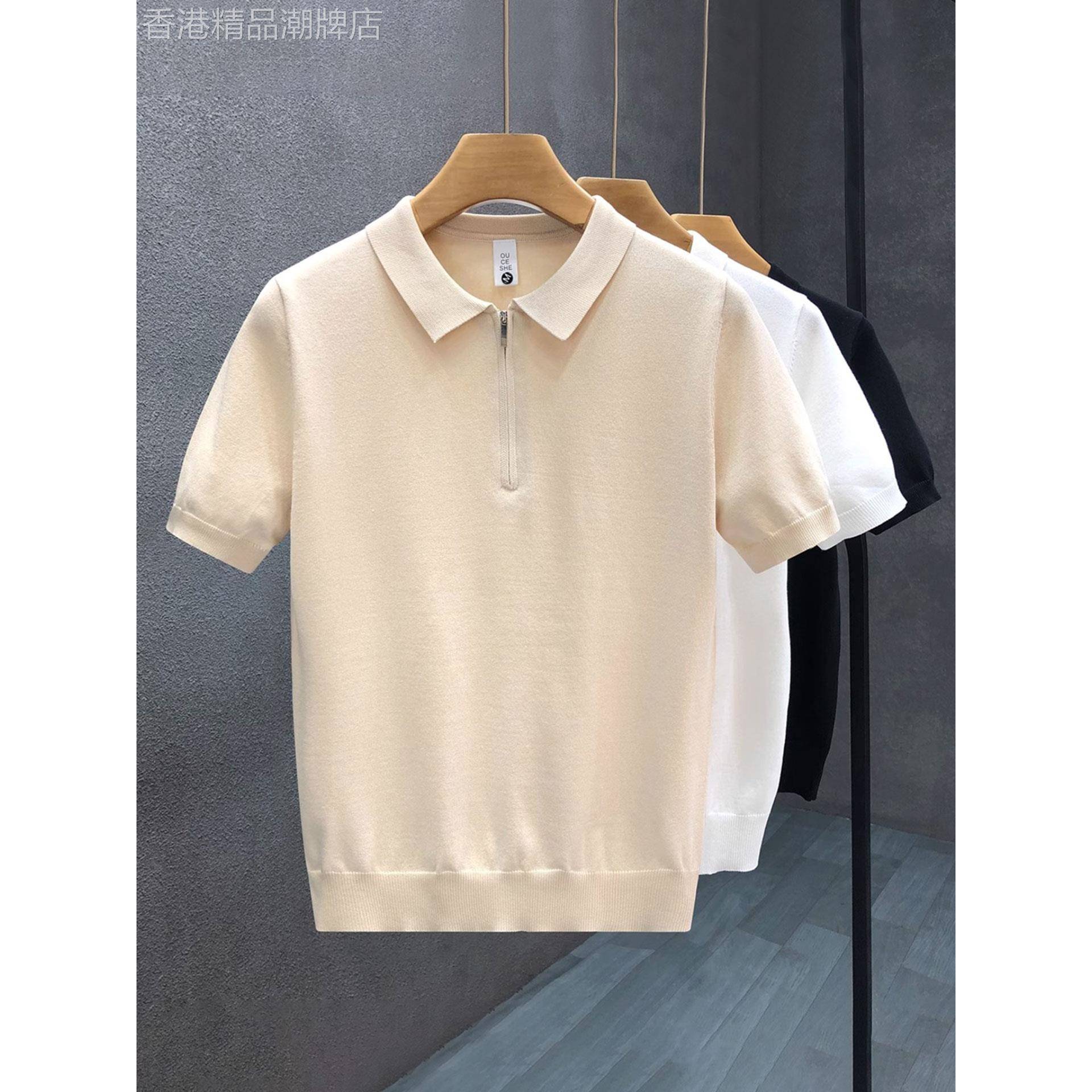 MUSONMU半拉炼翻领针织短袖polo衫男士夏季薄款t恤2025新款半截袖