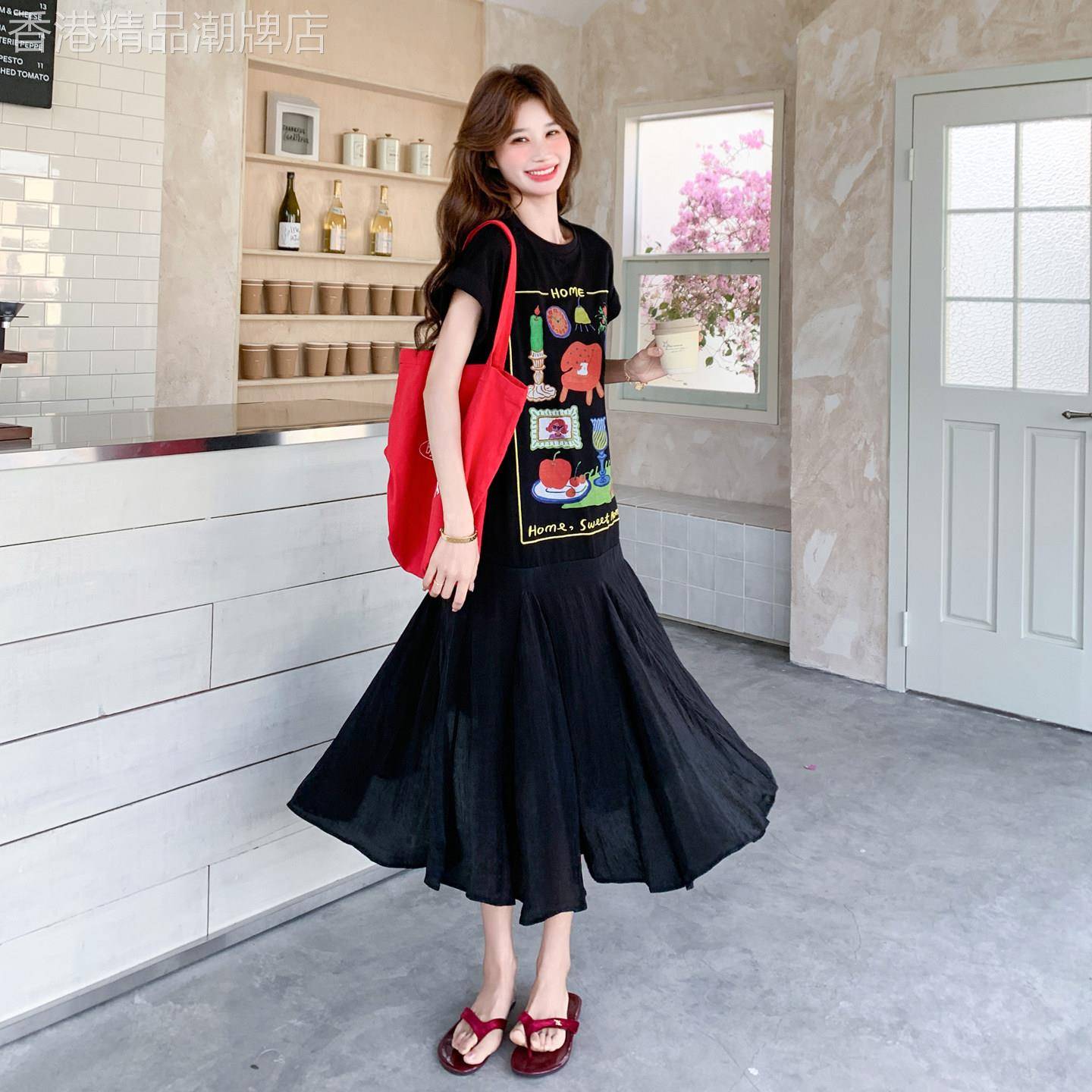 黑色设计感趣味印花T恤洋装女2026夏季巨好看休闲宽松拼接长裙