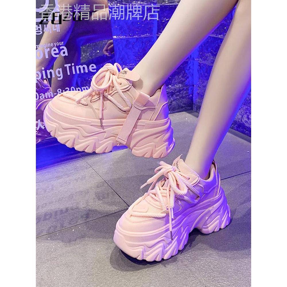 真皮老爹鞋女春秋2025新款爆款小个子松糕厚底增高粉色休闲运动鞋