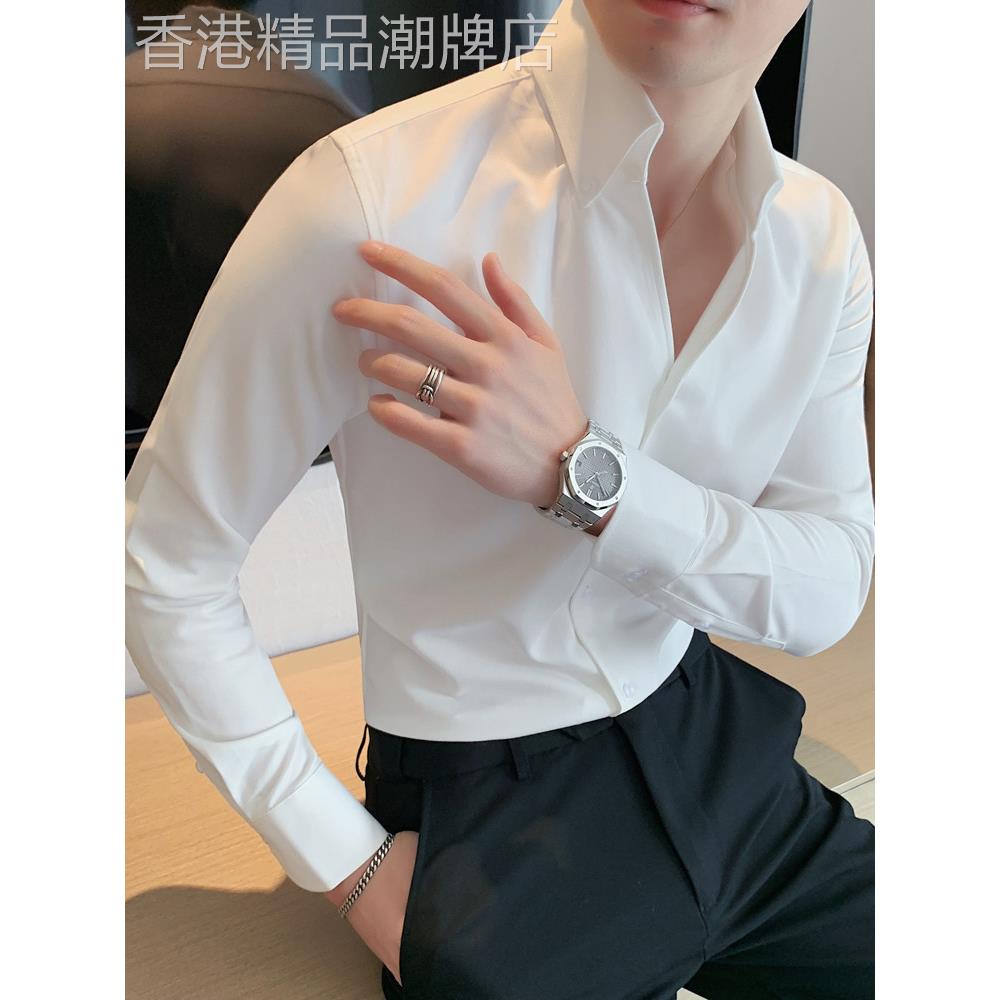 衬衫男长袖春秋季修身寸衫V领白色内搭衬衫韩版潮流商务休闲上衣