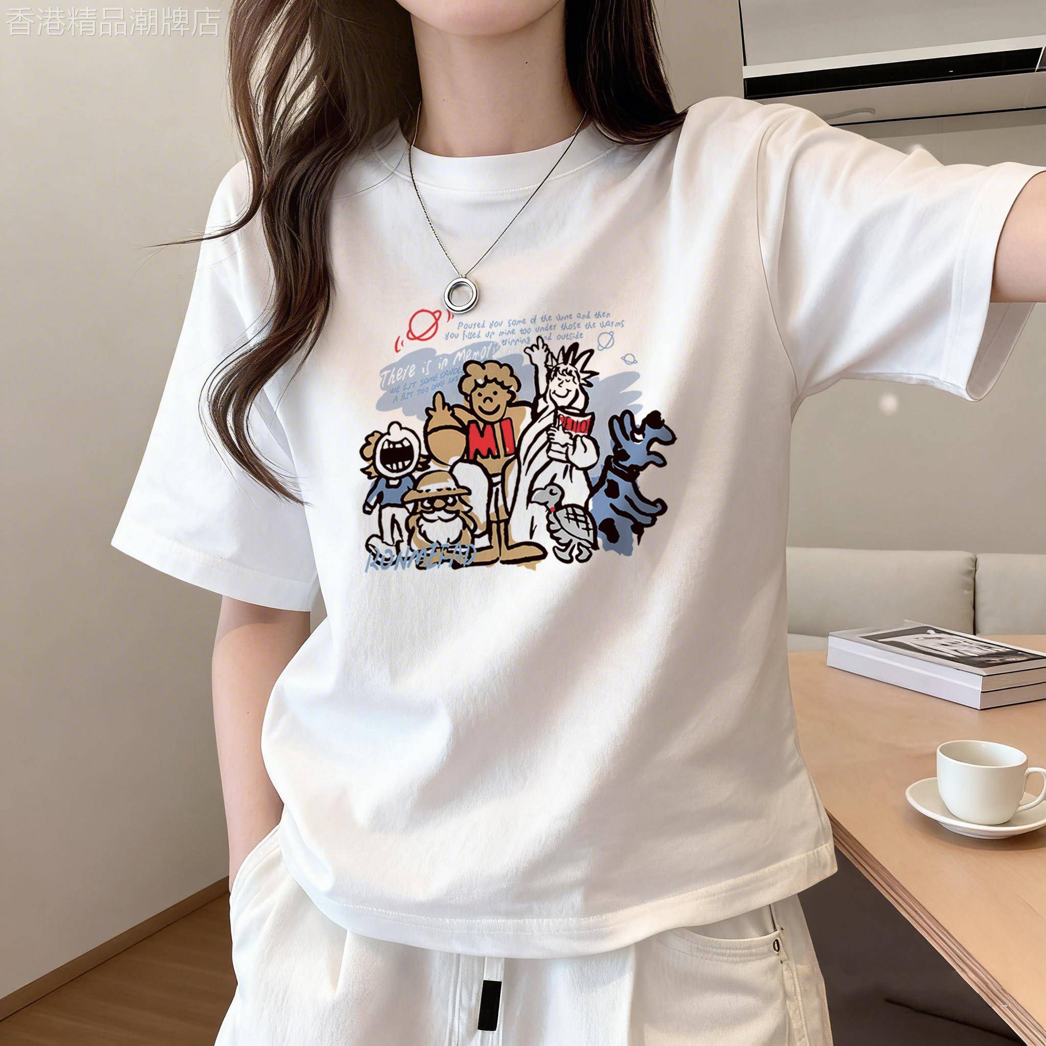 韩国正肩短袖t恤女款2026夏季白色宽松大码女装胖mm卡通印花上衣