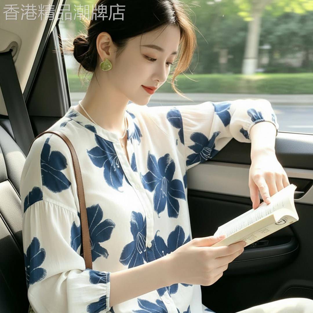 法式蓝白色泡泡袖t衬衫女2026夏季新款洋派独特超好看宽松别致上
