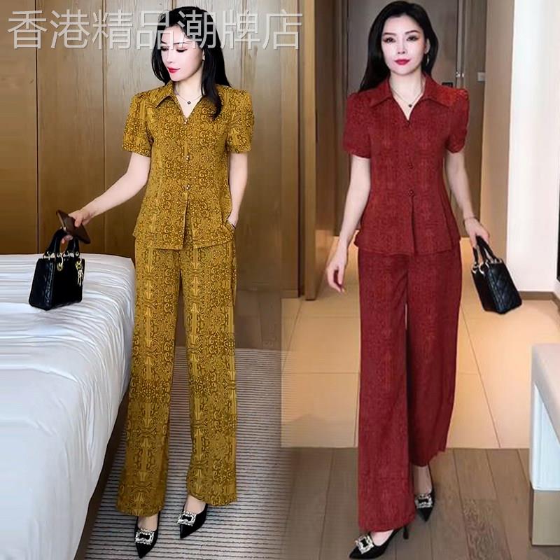 香港代购时尚套装女夏季新款遮肚子显瘦翻领短袖上衣阔腿裤两件套