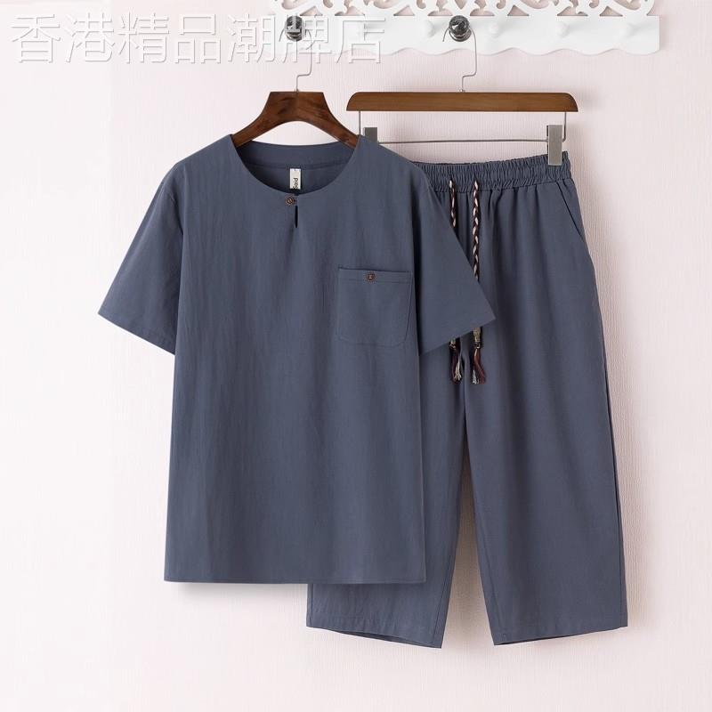 MK男士夏季套装亚麻短袖七分裤中老年人爷爷父亲节衣服爸爸夏装