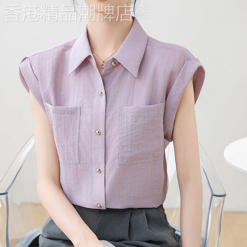 法式1/4吋套筒扳手袖雪纺衬衫女新款夏装无袖背心背心衬衫叠穿减