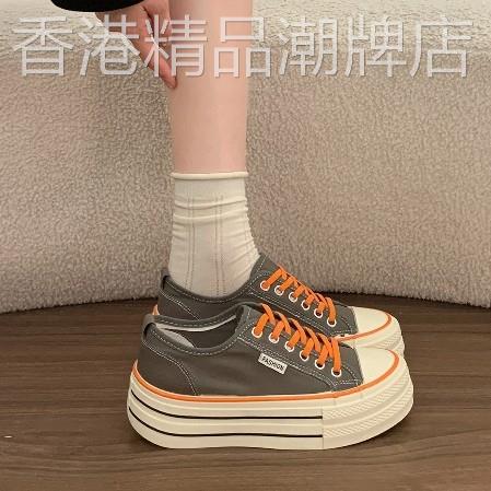 英国真皮薄款透气绿色帆布鞋女夏季2026新款厚底增高休闲运动板鞋