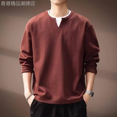 意大利高端假两件V领卫衣男士春秋季2025新款宽松休闲长袖T恤上衣