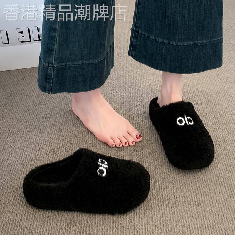 香港厚底加绒黑色毛毛拖女外穿2025秋冬新款时尚保暖一脚蹬棉拖鞋