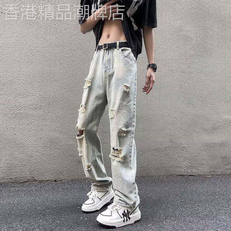破洞毛边牛仔裤男士美式高街2026年新款薄款修身水洗做旧直筒裤子