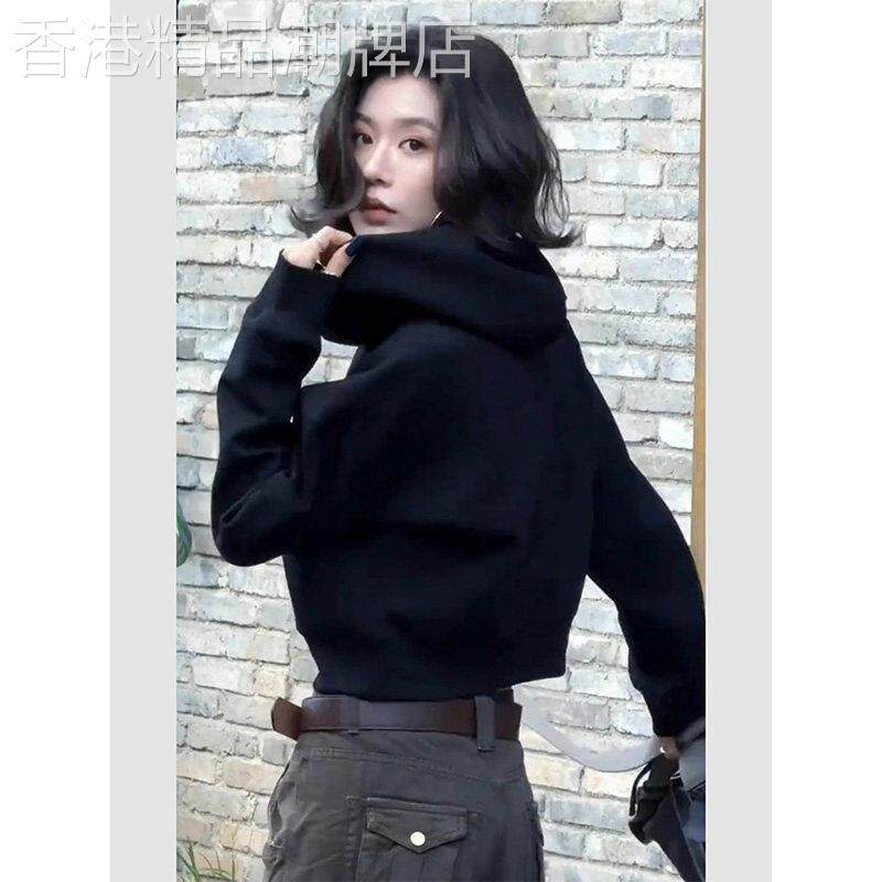 黑色长袖连帽短款卫衣女秋冬欧货加绒加厚慵懒风内搭打底衫上衣