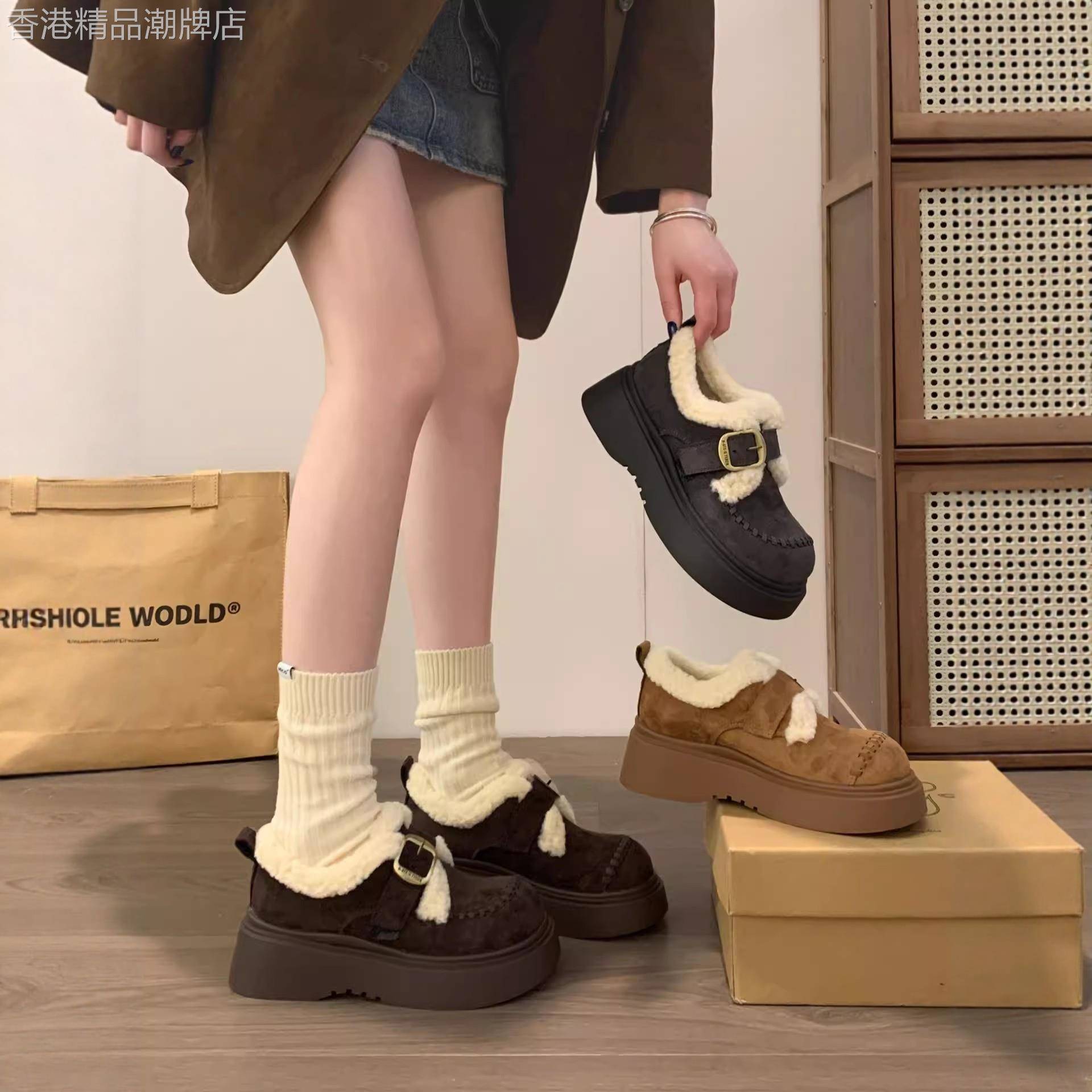 香港潮牌加绒加厚时尚雪地靴秋冬新款不累脚厚底防滑皮带扣勃肯鞋