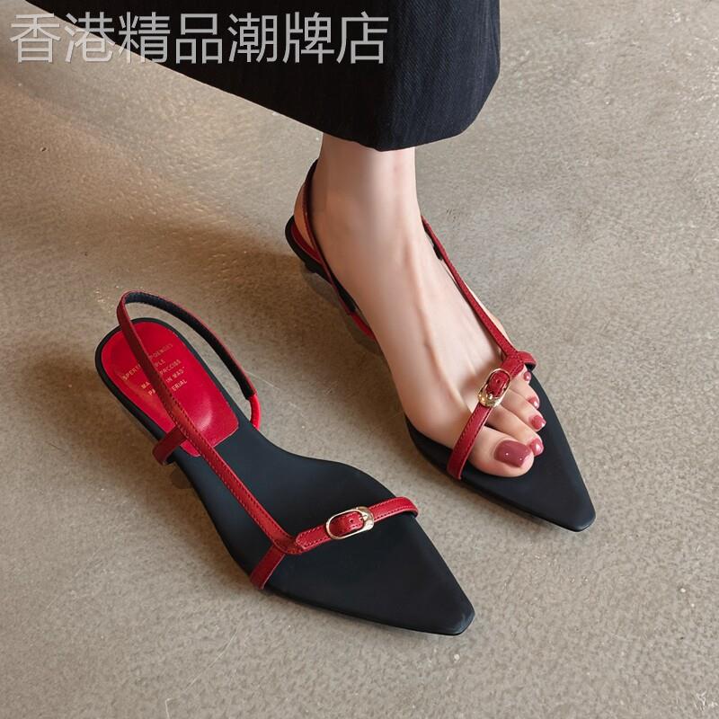 红色梦境~气质极简风一字带凉鞋女尖头凉拖鞋通勤3公分小跟鞋夏天