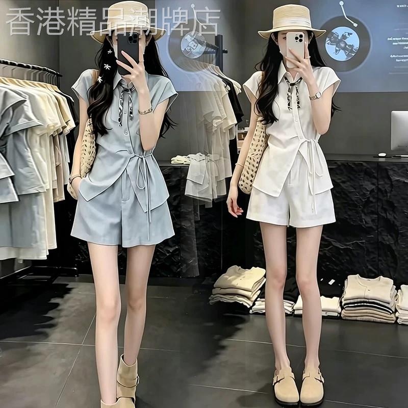 香港代购时尚套装女夏季新款收腰显瘦系带短袖衬衫阔腿短裤两件套