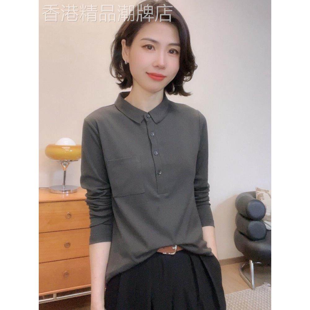 翻领长袖衬衫女春秋薄款2025年新款百搭修身POLO衫设计感小众衬衣