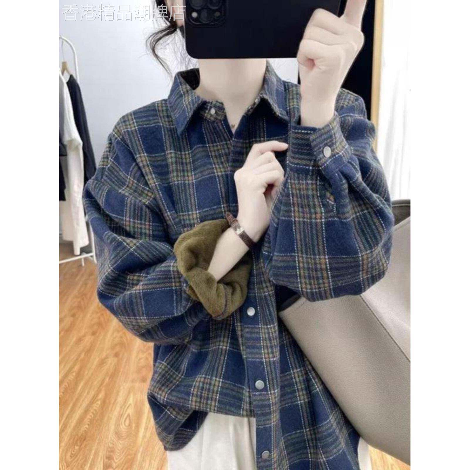 休闲风格格纹长袖女式衬衫2025秋冬新款覆古修身修身简单休闲保暖