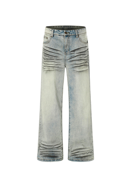 Goinsk 立体猫须蓝牛仔裤男女春季做旧水洗长裤子褶皱阔腿休闲裤