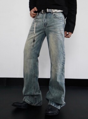 Goinsk 猫须闪电纹cleanfit牛仔裤夏季男美式高街阔腿裤子微喇裤