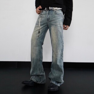 Goinsk 猫须闪电纹cleanfit牛仔裤夏季男美式高街阔腿裤子微喇裤