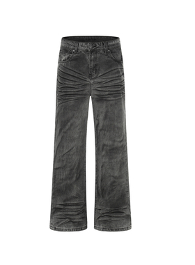 Goinsk 黑灰做旧褶皱阔腿牛仔裤男女春季宽松长裤酵素洗水休闲裤