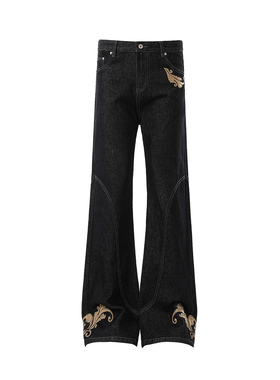 Goinsk 黑金刺绣阔腿牛仔裤男女春夏季美式裤子立体剪裁宽松长裤