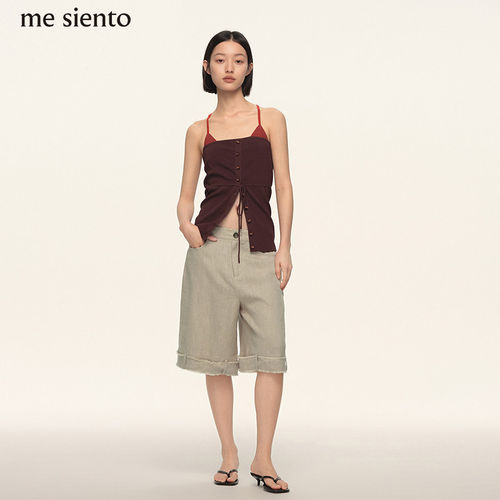 me siento 春辰绿脚口腰带毛边可拆卸休闲五分裤