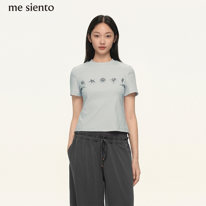 【董璇同款】me siento 原创海洋贴布绣图案修身短款T恤