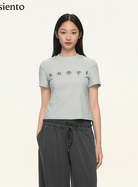 【董璇同款】me siento 原创海洋贴布绣图案修身短款T恤