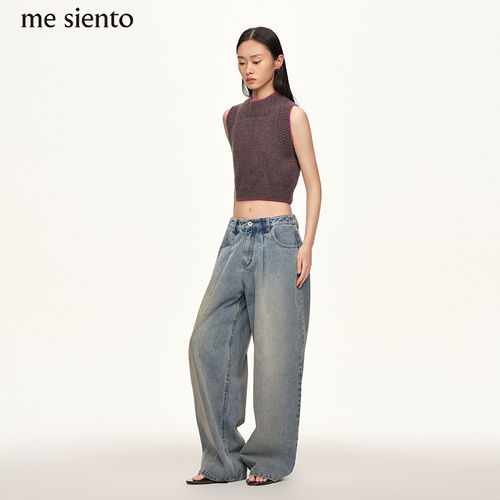 【张淼怡同款】me siento 远天蓝做旧复古宽松设计感牛仔长裤