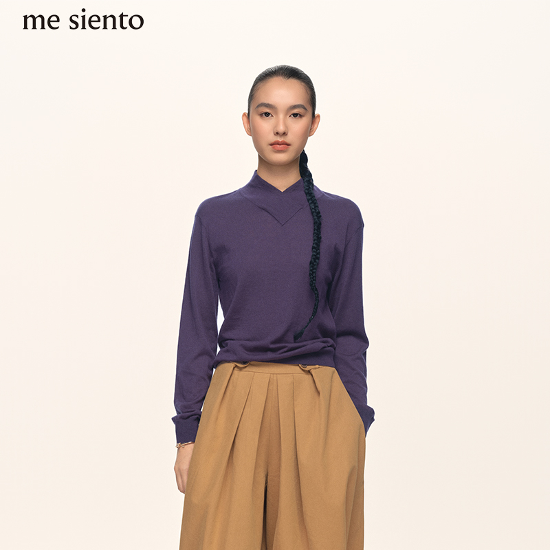 me siento 25FW纯色简约交叉式半高领绵羊毛针织毛衣