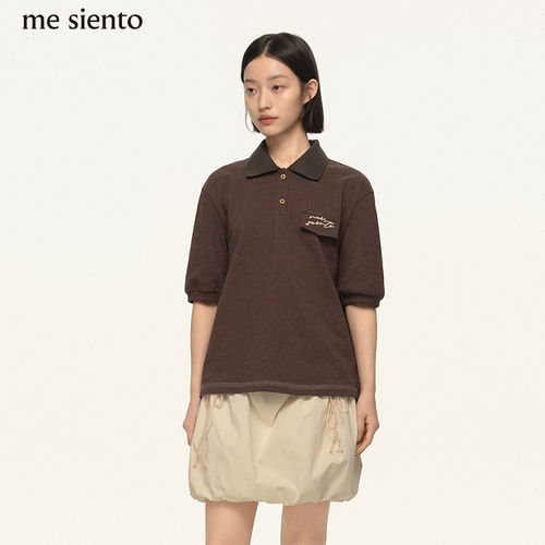 me siento 撞色设计刺绣polo领小衫纯棉T恤休闲短袖上衣
